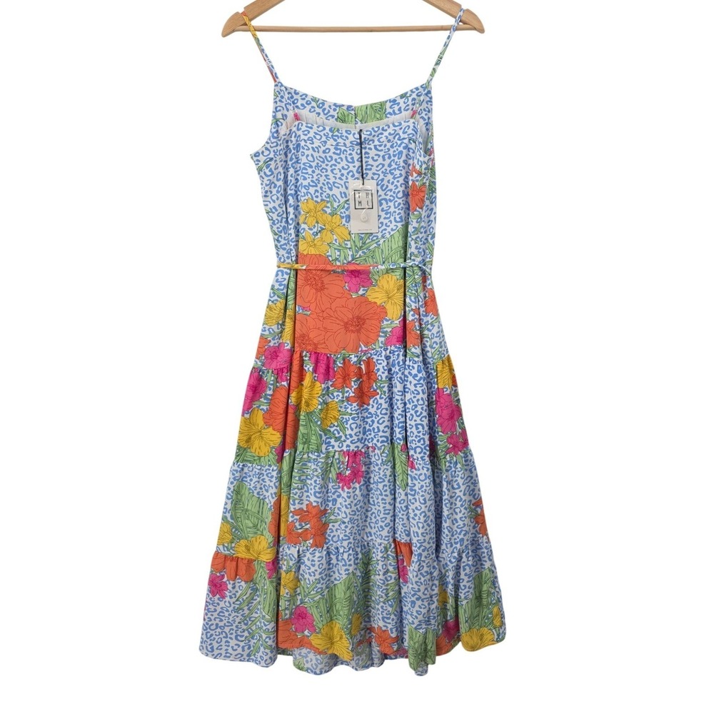 THML Womens M Blue Floral Leopard Print Tassel Tie Tiered Midi Dress - Picture 5 of 15
